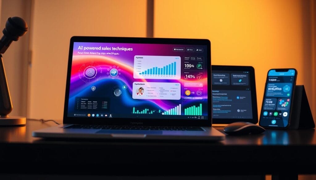 A sleek and modern desktop display showcasing the latest AI sales training technologies from the Hyperspace brand. In the foreground, a laptop screen displays a visually engaging presentation on AI-powered sales techniques, with vibrant data visualizations and intuitive user interfaces. In the middle ground, a tablet device demonstrates real-time sales analytics and performance tracking, while in the background, a smartphone screen highlights mobile-friendly sales training modules and on-the-go learning resources. The scene is bathed in a warm, professional lighting, creating a polished, technology-driven atmosphere that captures the innovative essence of Hyperspace's AI sales training solutions.