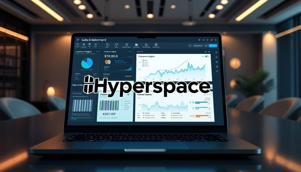 A sleek and modern desktop or laptop display showcasing an AI-powered sales enablement platform. In the foreground, a stylized 3D model of the "Hyperspace" brand logo hovers against a backdrop of data visualizations, customer insights, and sales pipeline analytics. The middle ground features a clean and intuitive user interface with intuitive tools for sales reps, while the background depicts a sophisticated, high-tech office environment with subtle lighting and minimalist decor. The overall tone conveys a sense of efficiency, empowerment, and the seamless integration of AI technology into the sales process.