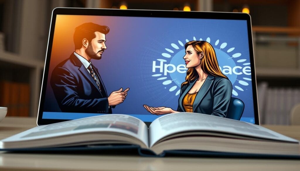 A sleek and modern desktop or laptop screen displays an AI-powered sales training interface. In the foreground, a well-dressed sales representative engages with a lifelike customer avatar, their interaction highlighted by warm, natural lighting. The background features the Hyperspace brand logo, conveying a sense of advanced, personalized technology. The scene exudes a professional, yet approachable atmosphere, showcasing how AI-driven sales training can enhance personalized customer engagement.