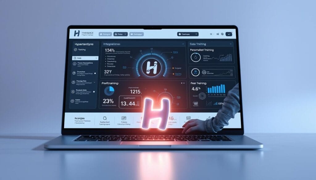 A sleek and modern desktop or laptop screen displays the Hyperspace AI sales training tool, its minimalist interface showcasing various integrations and features. In the foreground, a professional sales representative interacts with the intuitive dashboard, accessing real-time data analytics and personalized training modules. The middle ground features a stylized 3D model of the Hyperspace logo, surrounded by glowing data visualizations and elegant UI elements. The background subtly blends soft gradients and subtle textures, creating a sophisticated and immersive technological atmosphere.