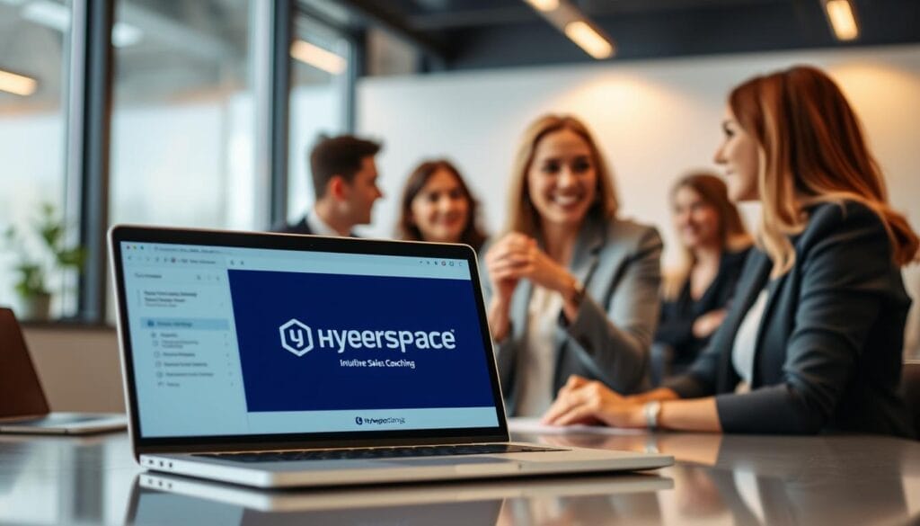 A sleek and modern office setting, with a laptop or mobile device prominently displayed in the foreground. The screen showcases the "Hyperspace" branding, featuring an intuitive AI-powered sales coaching interface. In the middle ground, a group of sales professionals engaged in dynamic discussions, their expressions animated as they learn and strategize. The background is softly blurred, conveying a sense of focus and productivity. Warm, diffused lighting illuminates the scene, creating a professional and inviting atmosphere. The composition emphasizes the seamless integration of AI-driven tools and human expertise, highlighting the benefits of accelerated onboarding and sales success for B2B SaaS companies.