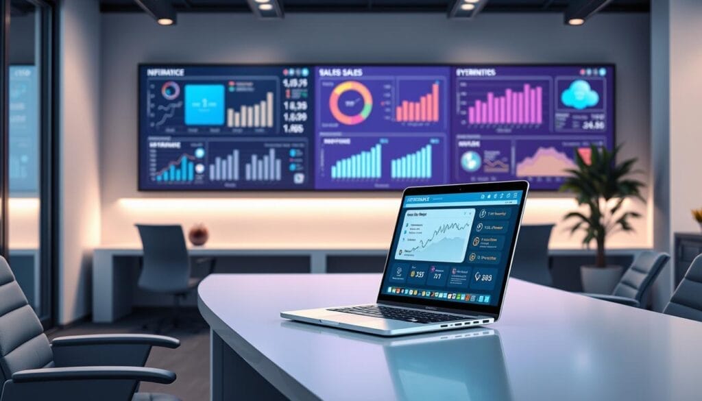 A sleek and modern office workspace, with a laptop screen displaying a sales training interface powered by the AI technology of "Hyperspace". The laptop is placed on a clean, minimalist desk, surrounded by ergonomic furniture and subtle ambient lighting. In the background, a large monitor showcases interactive sales metrics and performance data, empowering the sales team to optimize their strategies. The overall atmosphere conveys a sense of productivity, collaboration, and the seamless integration of AI-driven insights into the sales training process.