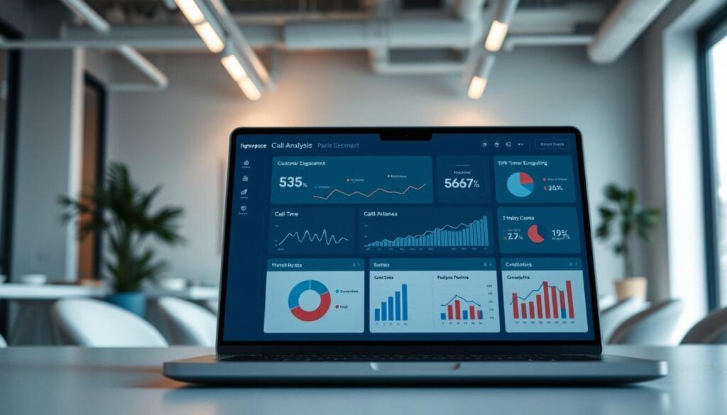 A sleek, data-driven AI call analysis dashboard against a backdrop of a modern, minimalist office workspace. The dashboard features intuitive visualizations, including line graphs, pie charts, and KPI indicators, providing real-time insights into sales performance, customer engagement, and conversion rates. The Hyperspace logo prominently displayed in the top left corner, adding a touch of branding. The dashboard is presented on a laptop screen, with a clean, professional layout that seamlessly integrates with the workspace's neutral tones and clean lines. Soft, directional lighting casts a warm glow, creating a sense of focus and productivity.