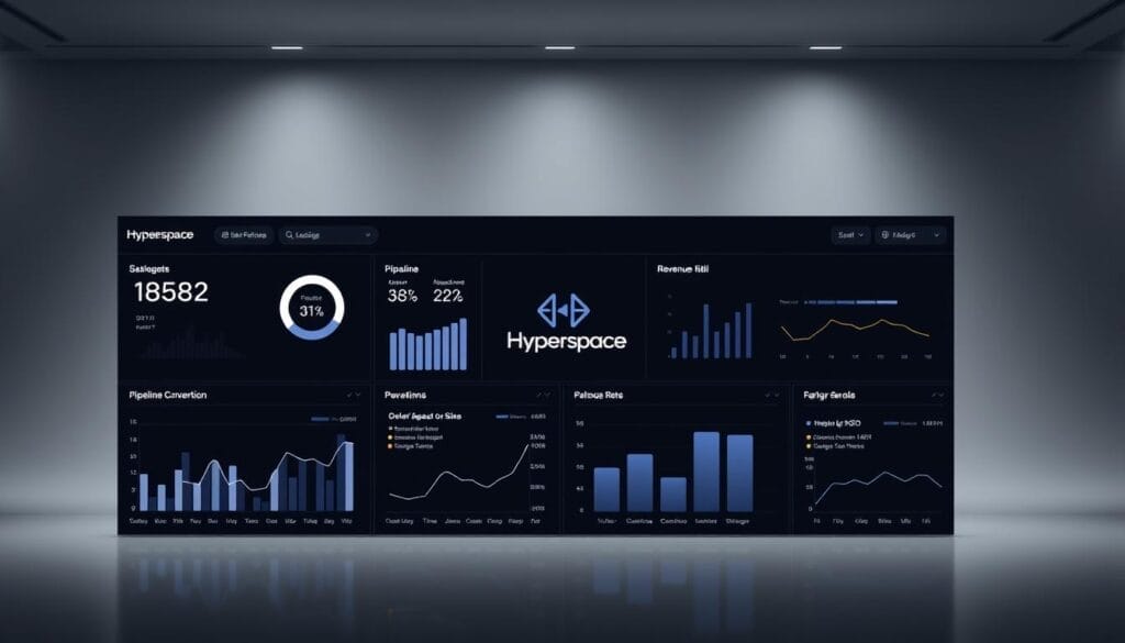 A sleek, data-driven dashboard showcasing the key sales performance metrics for the Hyperspace SalesAI platform. The display is set against a minimalist, monochromatic background, with clean lines and subtle gradients that create a sense of depth and sophistication. In the foreground, neatly organized charts and graphs convey critical insights into sales targets, pipeline conversion rates, and revenue growth, all rendered in a modern, high-contrast style. The middle ground features a stylized Hyperspace logo, subtly integrated into the overall design. The lighting is soft and evenly distributed, creating a professional, elegant atmosphere that reflects the power and precision of the AI-driven sales coaching tools.