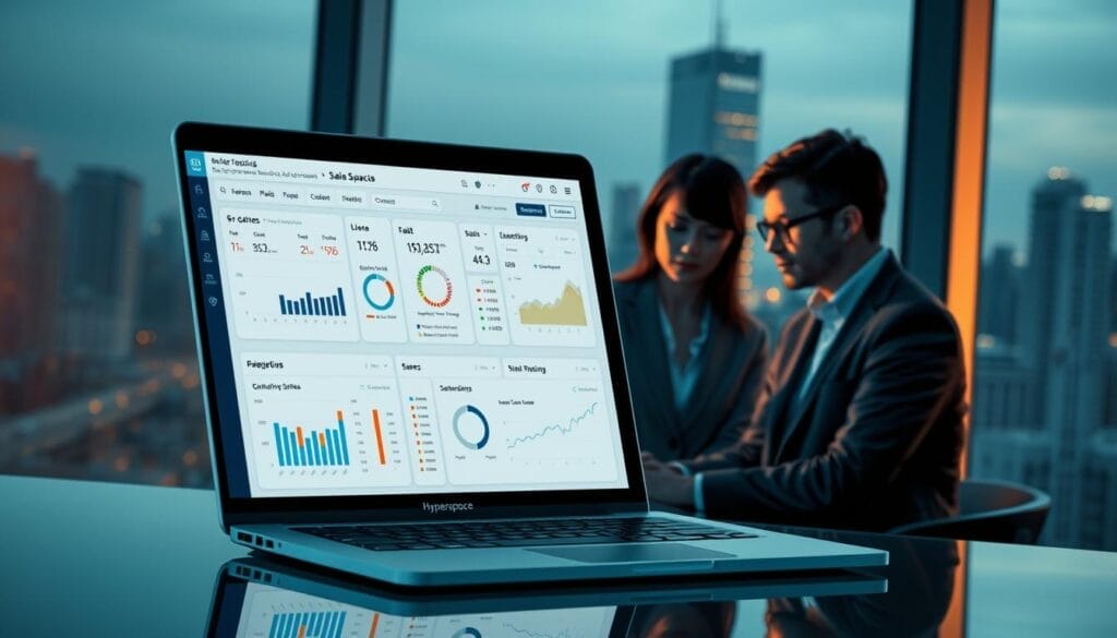 A sleek, data-driven sales coaching dashboard displayed on a Hyperspace-branded laptop. In the foreground, crisp visualizations and analytics show key sales metrics and insights. The middle ground features a team of sales representatives reviewing the dashboard, their faces illuminated by the screen's soft glow. In the background, a city skyline is visible through the window, creating a professional, urban atmosphere. The lighting is balanced, with a subtle warm tone that enhances the sense of a modern, technology-driven work environment. The overall mood conveys productivity, collaboration, and data-informed decision making.