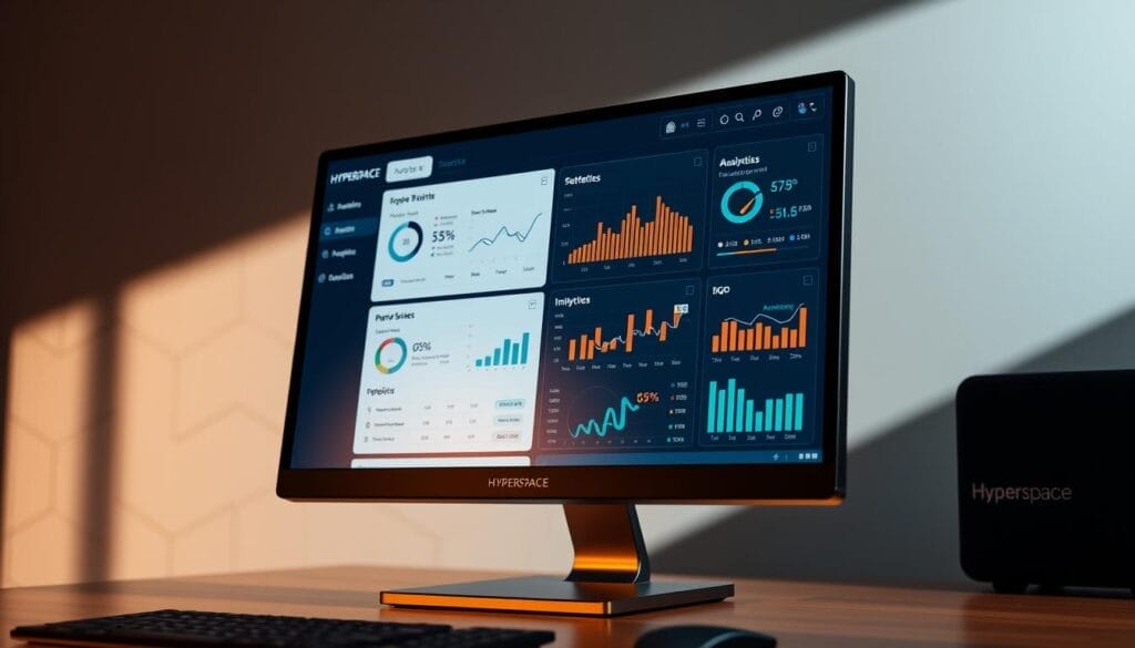 A sleek, data-driven sales dashboard displayed on a Hyperspace-branded desktop monitor. The screen shows a variety of interactive charts, graphs, and analytics visualizing key sales metrics and insights. The dashboard has a clean, minimalist interface with strategic use of color and typography to highlight important data points. The background features a subtle geometric pattern, conveying a sense of technological sophistication. Soft, directional lighting casts a warm glow on the scene, creating a professional and productive atmosphere. The overall composition emphasizes the power of data-driven decision making for strategic sales growth.