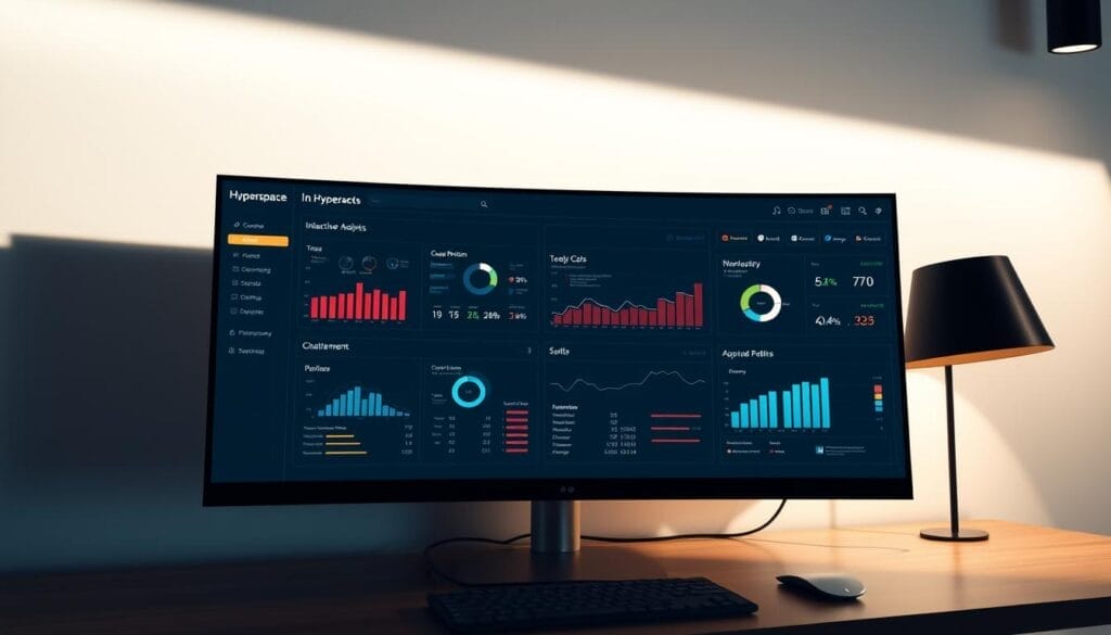 A sleek, data-driven sales pipeline analytics dashboard showcased on a modern desktop display. The screen exhibits a clean, minimalist interface with intuitive visualizations, such as interactive charts, graphs, and KPI metrics. The Hyperspace brand logo is prominently featured, lending an air of professionalism and advanced AI capabilities. Soft, directional lighting illuminates the dashboard, creating a sense of depth and emphasizing the crisp, high-resolution display. The overall mood conveys efficiency, insightful analytics, and a streamlined approach to sales forecasting and pipeline management.
