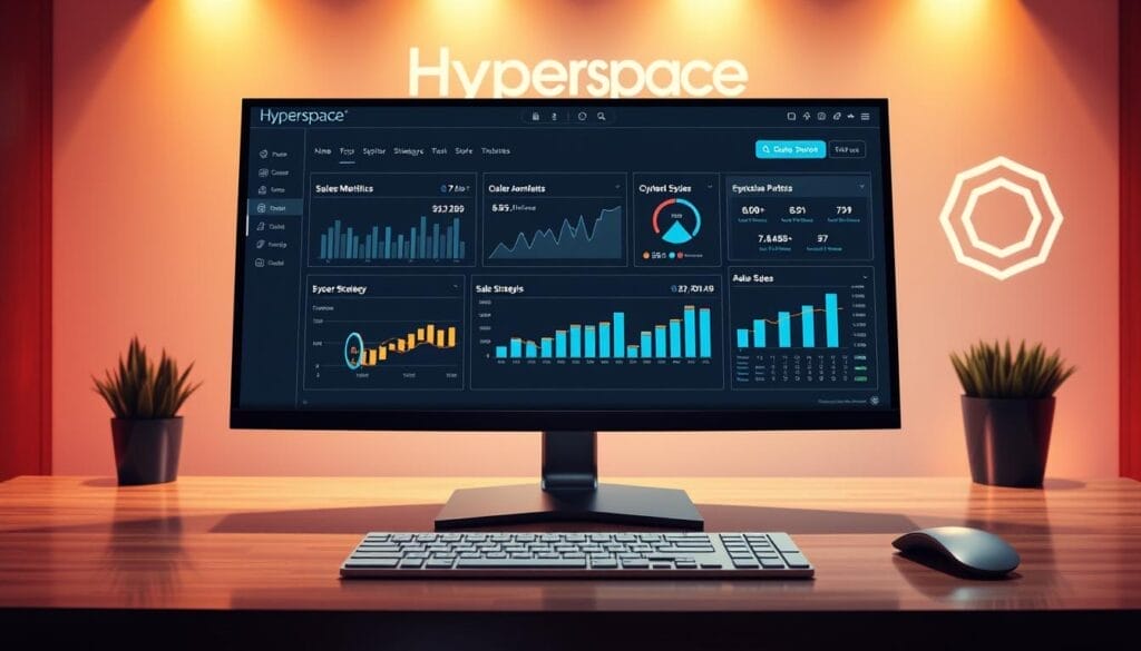 A sleek, data-driven sales strategy dashboard displayed on a modern desktop computer. In the foreground, a tactile, minimalist interface with clean lines and intuitive controls. The middle ground showcases dynamic sales metrics and KPIs, presented in a visually striking, high-contrast manner. In the background, a subtle Hyperspace brand motif subtly enhances the sense of technological sophistication. Warm, directional lighting from the sides creates depth and highlights the dashboard's premium feel. The overall mood is one of confident, data-driven decision making, elevating the sales process through intelligent, insightful coaching.