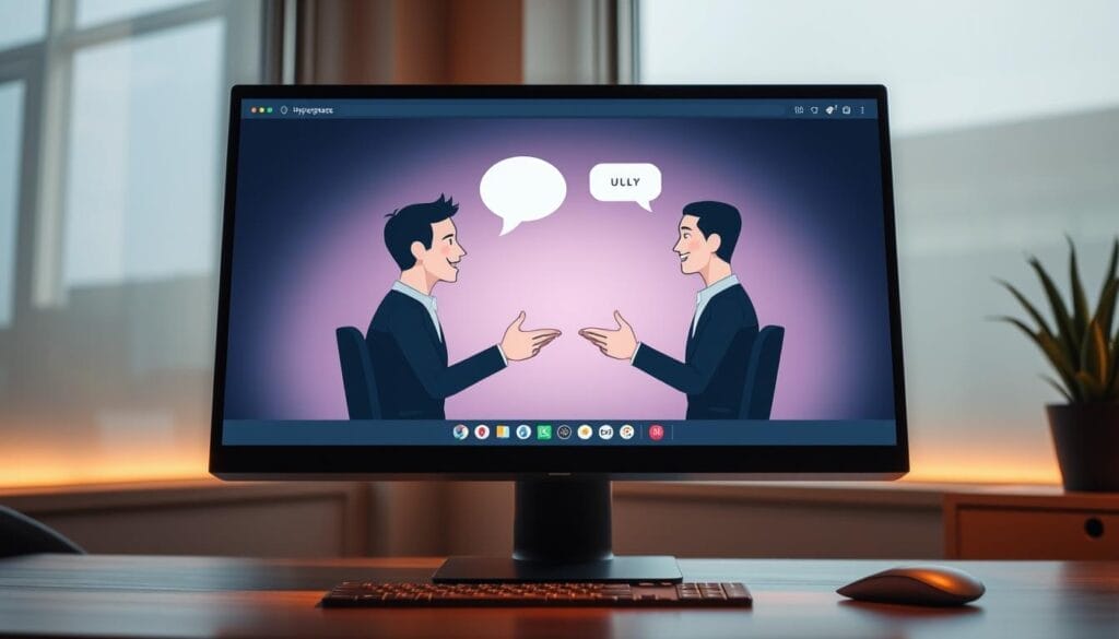 A sleek desktop computer display showcases a sales conversation simulation, powered by Hyperspace's cutting-edge conversational AI. The screen depicts two stylized, realistic human figures engaged in a dynamic dialogue, their expressions and body language conveying the natural flow of a sales interaction. The scene is illuminated by warm, directional lighting, creating a sense of depth and emphasis on the central figures. The background features a subtle gradient, suggesting a professional office environment. The overall composition and attention to detail aim to visually communicate the immersive and lifelike nature of Hyperspace's sales training platform.