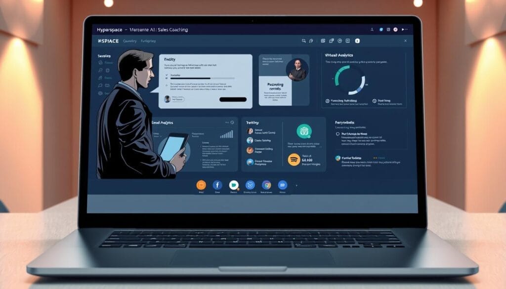 A sleek desktop or laptop display showcases the Hyperspace AI sales coaching platform. In the foreground, an agent engages with a virtual assistant, their conversation displayed on a crisp, high-resolution screen. The middle ground features a sophisticated interface with intuitive controls, performance analytics, and personalized training modules. The background depicts a minimalist, modern office setting, bathed in warm, focused lighting that creates a professional, productive atmosphere. The overall scene conveys the seamless integration of AI-powered sales guidance, empowering sales representatives to elevate their skills and achieve greater success.