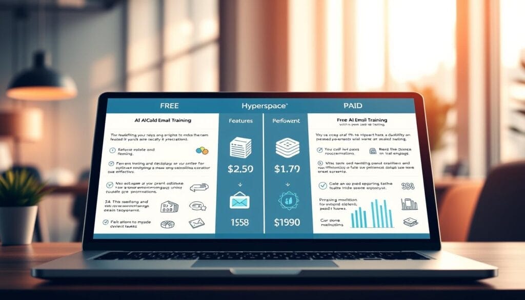 A sleek desktop or laptop display showcasing a side-by-side comparison of "Free vs. Paid AI Cold Email Training" options for sales teams. In the foreground, a Hyperspace-branded interface highlights key features, pricing, and performance metrics for each option. The middle ground features stylized icons, graphs, and data visualizations to emphasize the differences. The background depicts a softly blurred office setting, conveying a professional, analytical atmosphere. Warm, directional lighting from the top-left casts subtle shadows, adding depth and dimension to the scene. The overall composition strikes a balance between informative clarity and visually appealing design.