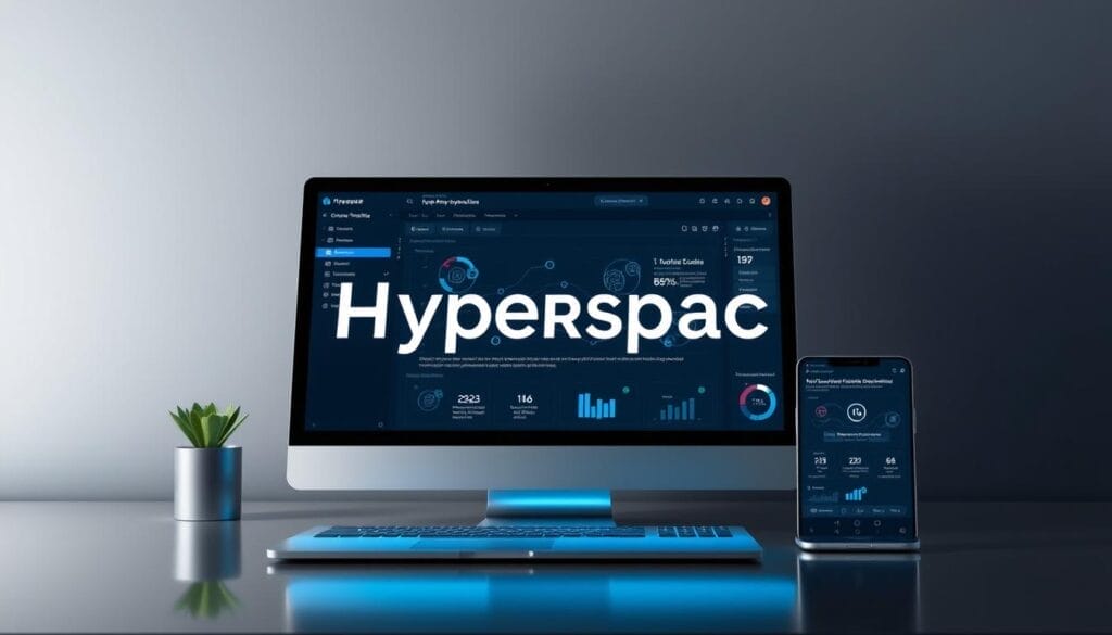 A sleek, futuristic AI-powered sales training platform with the Hyperspace brand name displayed prominently on a desktop, laptop, or mobile device. The interface features intuitive menus, interactive data visualizations, and personalized coaching modules against a minimalist, metallic-toned backdrop. Subtle lighting accentuates the clean, sophisticated design, creating a sense of professionalism and innovation. The overall mood conveys the power of AI to elevate sales performance and empower sales teams to reach new heights of success.