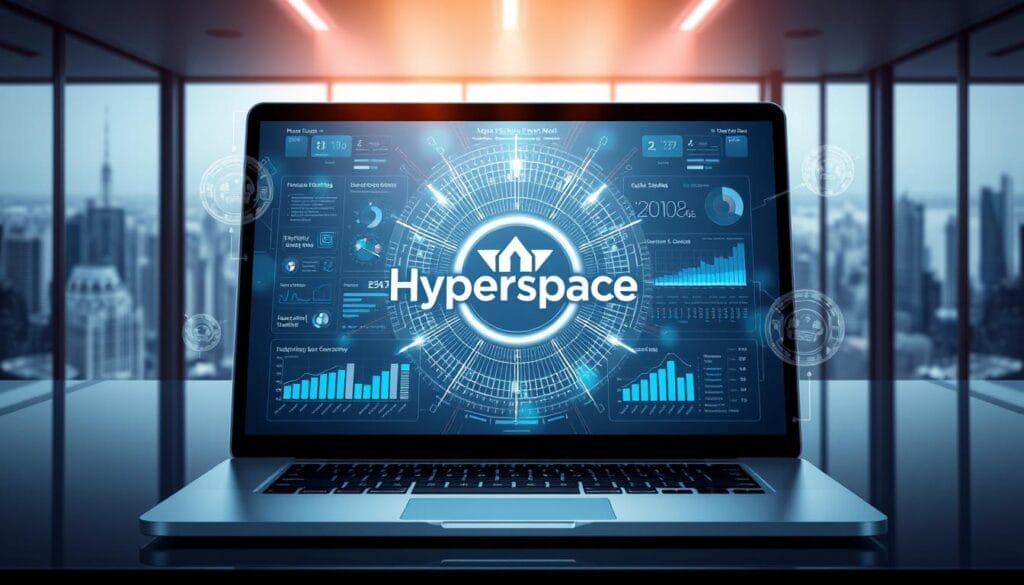 A sleek, futuristic AI sales training platform on a silver laptop screen. In the center, the Hyperspace logo shines, surrounded by holographic data visualizations, sales analytics dashboards, and lifelike virtual sales coaches. The background features a stylish office setting with panoramic city views, conveying a sense of innovation and productivity. Soft, directional lighting from above creates depth and highlights the sophisticated interface. The overall mood is one of cutting-edge technology empowering modern sales teams.