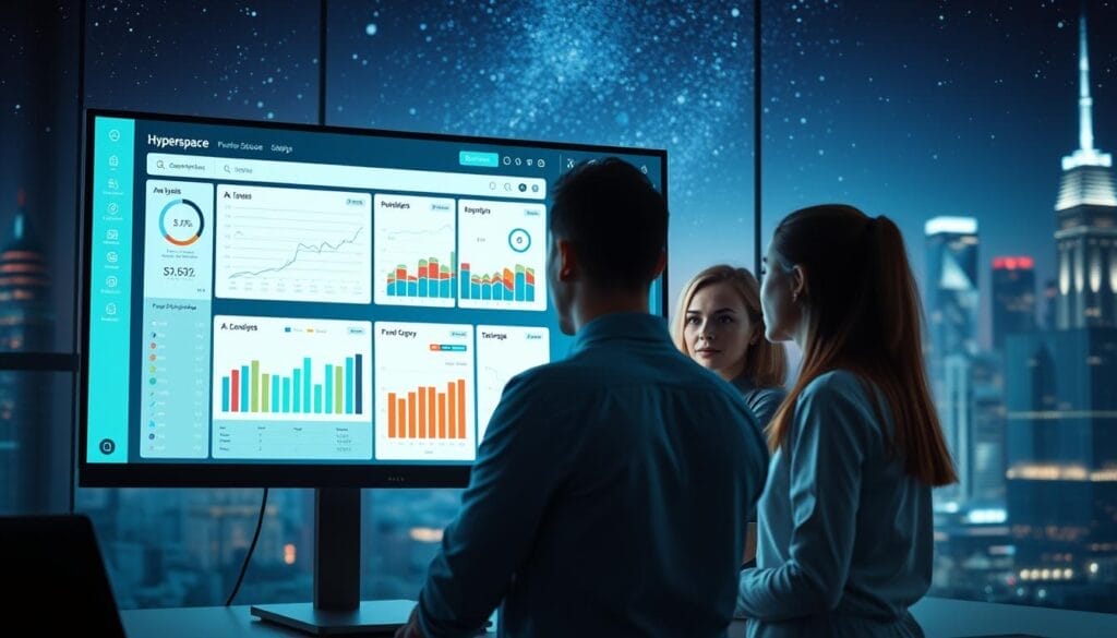 A sleek, futuristic analytics dashboard for the Hyperspace sales team, displayed on a high-resolution desktop monitor. In the foreground, neatly organized data visualizations and performance metrics illuminate the screen, bathed in a soft, ambient lighting. The middle ground features a team of sales representatives collaborating, their faces focused and determined, as they interpret the insights provided by the AI-driven analytics platform. In the background, a cityscape of gleaming skyscrapers and a starry night sky create a sense of technological advancement and global reach. The overall mood is one of professionalism, efficiency, and a cutting-edge, forward-thinking approach to sales optimization.