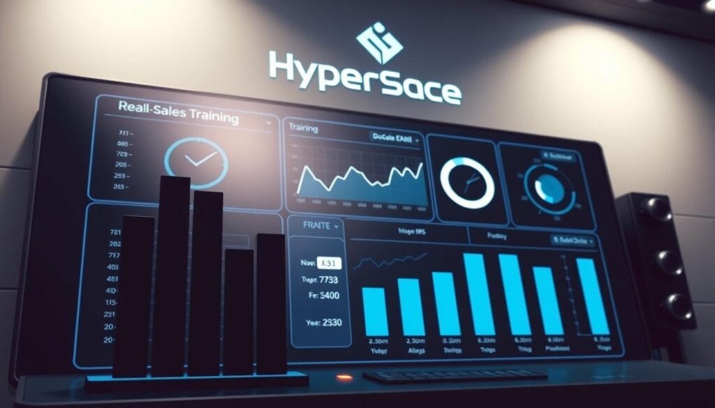 A sleek, futuristic dashboard displays real-time sales training metrics on a high-resolution monitor. In the foreground, a stylized bar chart showcases key performance indicators, their values dynamically updating. The middle ground features a clean, minimalist user interface with toggles and sliders, allowing for seamless adjustment of training parameters. In the background, the Hyperspace brand logo shines, conveying a sense of technological sophistication. Soft, indirect lighting creates a professional, data-driven atmosphere, while the overall composition suggests a powerful AI-driven sales training system.