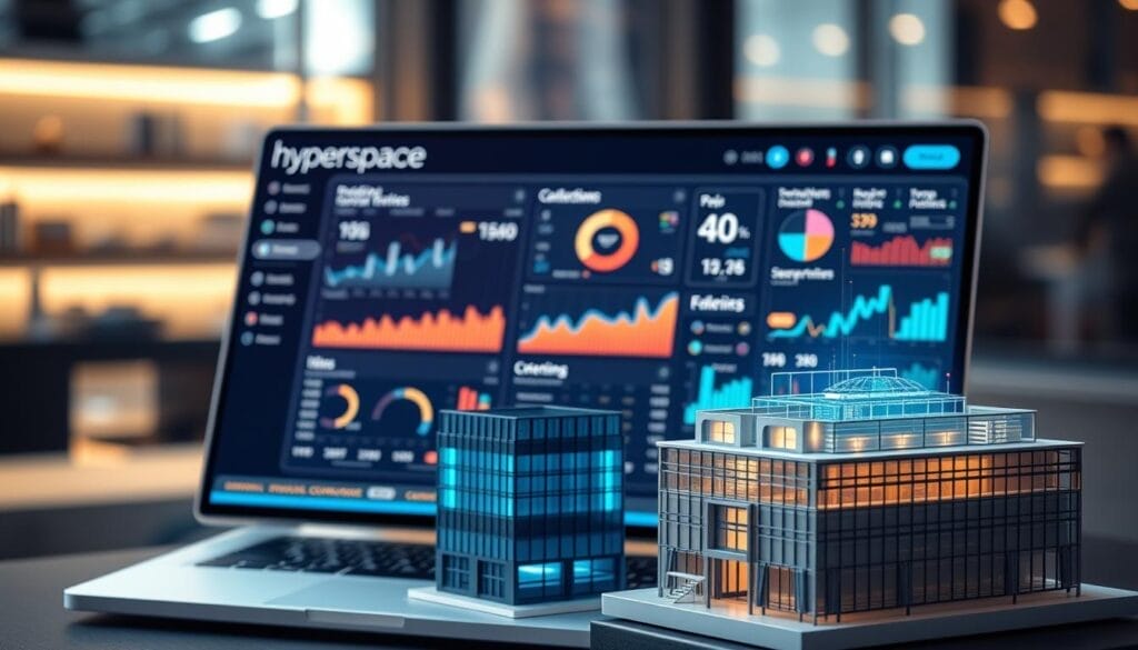 A sleek, futuristic dashboard on a desktop display, showcasing predictive analytics and revenue management insights for the Hyperspace platform. The interface features vibrant, holographic data visualizations, dynamic charts, and intuitive controls. Soft, ambient lighting illuminates the scene, creating a sophisticated, high-tech atmosphere. In the foreground, a detailed 3D model of a modern office building symbolizes the real-world application of these revenue optimization tools. The background is blurred, emphasizing the focus on the digital analytics display. The overall impression conveys the power of AI-driven revenue management to drive business growth.