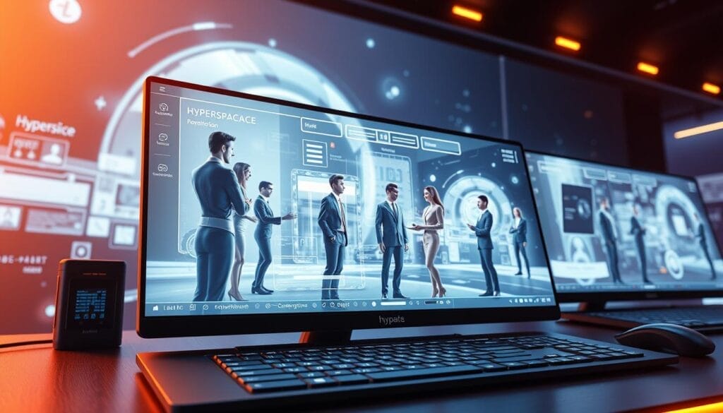 A sleek, futuristic desktop display showcases a series of AI-powered "Hyperspace" sales training simulations. The foreground features a stylized user interface with intuitive controls, crisp graphics, and a sophisticated color palette of blues and grays. The middle ground depicts hyper-realistic 3D avatars engaged in dynamic sales role-play scenarios, their expressions and body language conveying a sense of immersive interaction. The background subtly blends abstract data visualizations and holographic elements, evoking a cutting-edge, high-tech atmosphere. Warm, directional lighting accentuates the depth and dimensionality of the scene, creating a visually striking and technologically advanced impression.