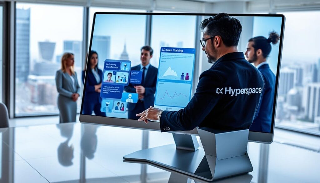 A sleek, futuristic desktop display showcases a series of interactive sales training modules. The Hyperspace logo stands out prominently, conveying a sense of cutting-edge technology. In the foreground, a sales representative interacts with a touchscreen interface, navigating through virtual role-playing scenarios and customer engagement simulations. The middle ground features a team of sales managers observing the training session, their expressions a mix of evaluation and contemplation. The background depicts a minimalist office setting, with large windows offering a glimpse of a bustling cityscape, hinting at the challenges of today's dynamic sales environment.