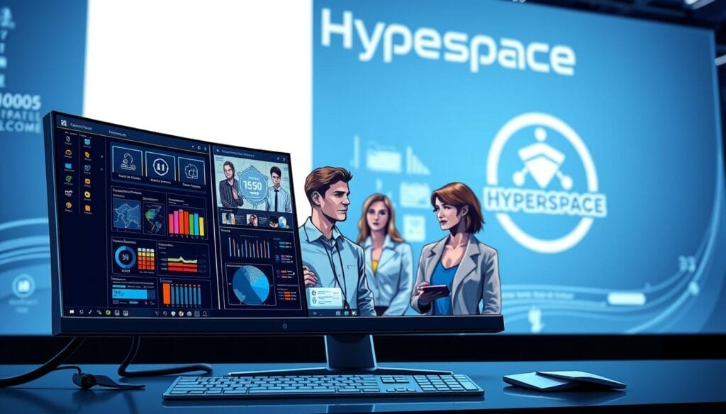 A sleek, futuristic desktop display showcases an immersive AI-powered sales training platform. In the foreground, a sophisticated user interface features interactive modules, analytics dashboards, and personalized coaching tools. The middle ground depicts a team of sales representatives engaged in virtual role-playing scenarios, their expressions focused as they navigate lifelike customer interactions. The background subtly displays the Hyperspace brand identity, blending seamlessly with the cutting-edge technology. Vibrant colors, clean lines, and a sense of advanced capabilities create an atmosphere of innovation and productivity, reflecting the transformative power of AI in sales training.
