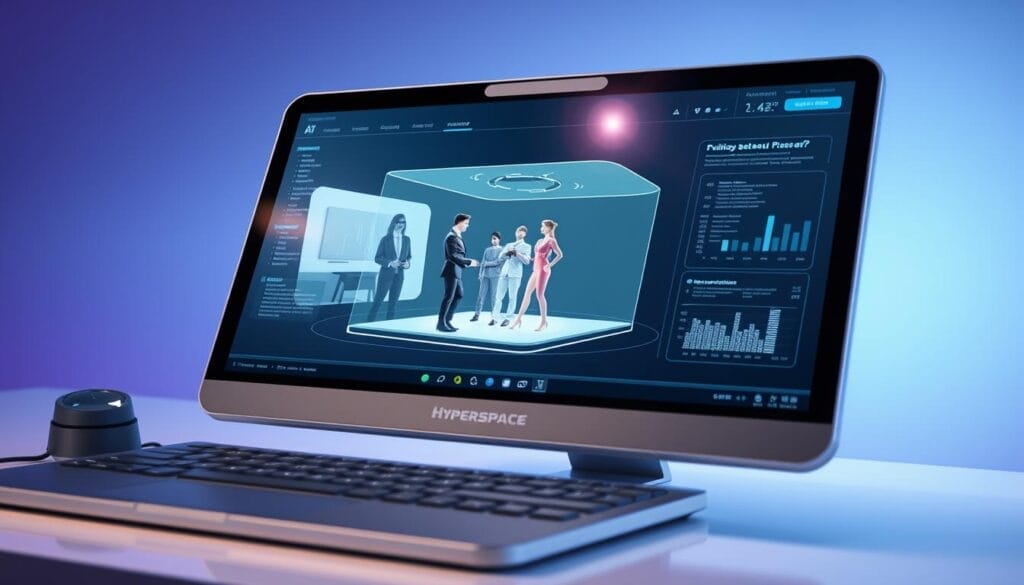 A sleek, futuristic desktop display showcases the "Hyperspace" AI-powered sales training platform. In the foreground, a sophisticated user interface with intuitive controls and data visualizations guides the learner. The middle ground features a 3D holographic projection of a virtual sales role-play scenario, with lifelike avatars demonstrating selling techniques. The background subtly blends shades of blue and purple, creating a calming, technology-driven atmosphere. Soft, directional lighting accentuates the clean, modern aesthetic, while a subtle lens flare adds depth and a sense of high-end professionalism. The overall impression conveys the evolution of sales training, where AI seamlessly integrates with immersive, interactive learning experiences.