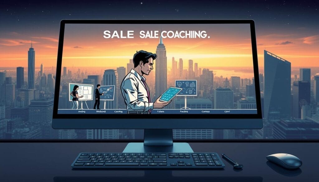 A sleek, futuristic desktop display showcases the evolution of sales coaching, powered by the Hyperspace AI platform. In the foreground, a stylized sales representative guides a client through interactive visualizations, their expressions reflecting deep engagement. The middle ground features a timeline of sales coaching techniques, transitioning from analog whiteboards to immersive virtual environments. In the background, a striking cityscape backdrop sets the scene, evoking a sense of technological progress and innovation. The overall mood is one of a dynamic, forward-thinking approach to sales training, seamlessly blending human expertise and AI-driven insights.
