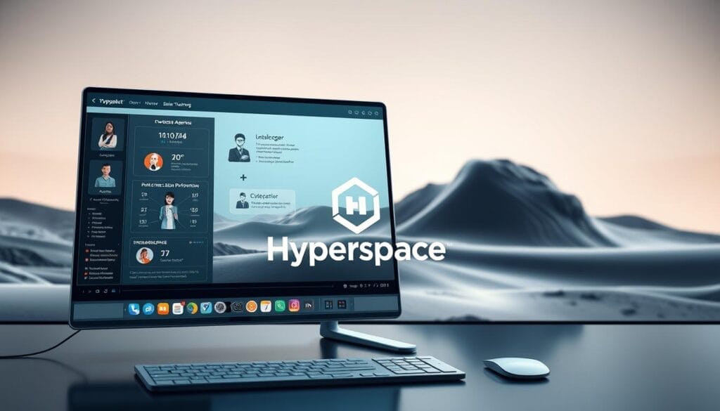 A sleek, futuristic desktop display showcasing an AI-powered sales training platform. In the foreground, a sophisticated user interface featuring interactive tutorials, animated agents, and real-time performance analytics. The middle ground depicts a stylized 3D model of the "Hyperspace" brand logo, integrating seamlessly with the UI. The background is a minimalist, tech-inspired landscape with subtle lighting and depth-of-field effects, creating a sense of depth and immersion. The overall mood is one of innovation, efficiency, and a vision for the future of sales training powered by advanced AI technologies.