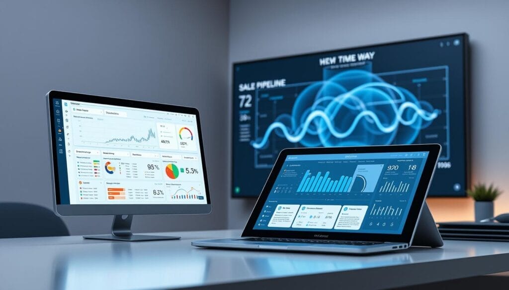 A sleek, futuristic desktop display showcasing the Hyperspace AI sales process transformation analytics platform. In the foreground, a laptop screen displays a dynamic dashboard with real-time sales data visualizations. The middle ground features a tablet device with an intuitive user interface, highlighting key performance metrics. In the background, a large wall-mounted monitor projects a holographic 3D sales pipeline, creating an immersive, high-tech atmosphere. Soft, ambient lighting and a minimalist, modern design aesthetic convey a sense of sophisticated, data-driven sales optimization.