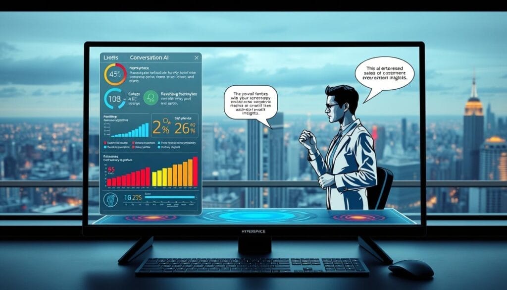 A sleek, futuristic desktop display showcasing the benefits of Hyperspace's revolutionary sales conversation AI. In the foreground, a holographic interface with vibrant data visualizations highlights key performance metrics and AI-powered insights. In the middle ground, a lifelike virtual sales agent engages with a customer, their dialogue displayed as stylized speech bubbles. The background features a panoramic cityscape, hinting at the global scale and enterprise-grade capabilities of the Hyperspace platform. Subtle yet striking lighting creates a sense of depth and technological sophistication. Capture the transformative power of sales AI in a clean, modern aesthetic.