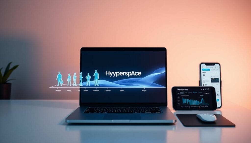 A sleek, futuristic desktop display showcasing the evolution of sales training through the lens of AI. In the foreground, a holographic projection depicts a stylized timeline, charting the progression from traditional classroom sessions to immersive virtual experiences. The middle ground features a laptop screen, displaying the Hyperspace brand logo, showcasing their cutting-edge AI-powered sales training solutions. In the background, a mobile device displays interactive dashboards and analytics, demonstrating the data-driven insights that empower modern sales teams. Soft, ambient lighting and a minimalist, high-tech aesthetic create a sense of innovation and progress.