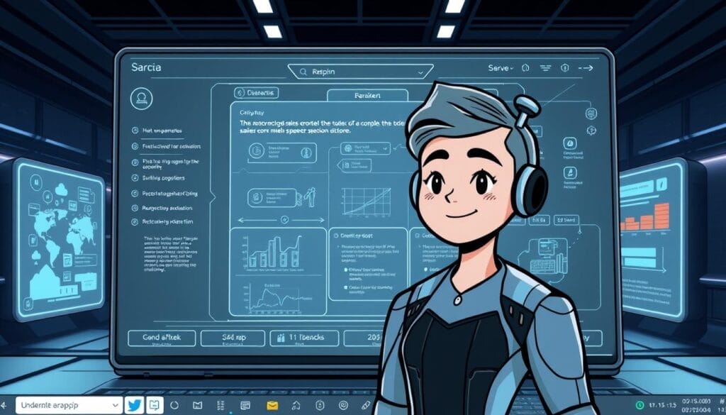 A sleek, futuristic desktop interface showcases a voice-activated AI sales trainer app by Hyperspace. In the foreground, a stylized avatar with a friendly, approachable expression guides the user through interactive sales scenarios, complete with dynamic visualizations and data analytics. The middle ground features a clean, minimalist design with intuitive controls and seamless integration of speech recognition technology. The background subtly evokes a high-tech workspace, with holographic displays and a muted color palette that exudes professionalism and innovation. The overall mood is one of efficiency, empowerment, and a cutting-edge approach to revolutionizing the sales experience.