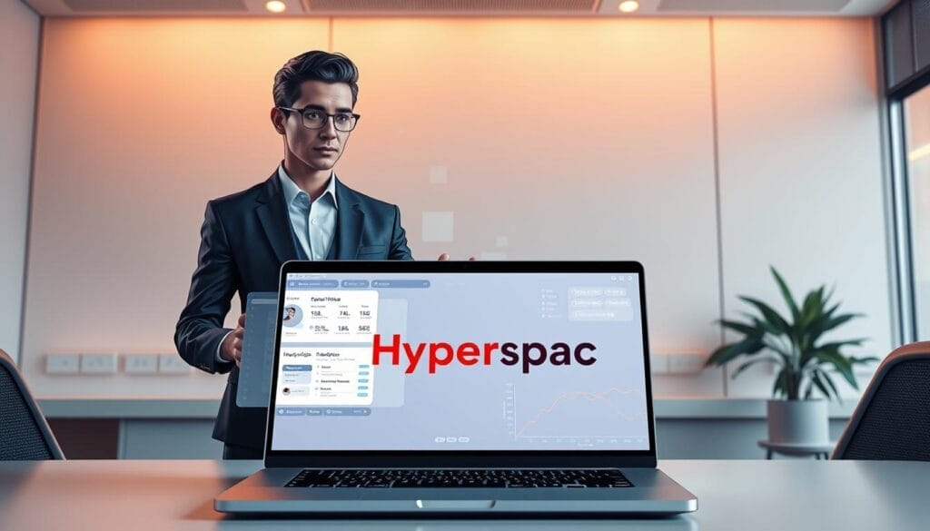 A sleek, futuristic desktop interface showcases an interactive AI-powered sales training platform. In the foreground, a lifelike avatar guides a sales representative through an immersive virtual session, complete with dynamic data visualizations and personalized feedback. The middle ground features a laptop displaying the Hyperspace brand logo, seamlessly integrating the AI system. The background evokes a minimalist, tech-forward office setting with clean lines, warm lighting, and subtle holographic accents, conveying a sense of innovation and efficiency. The overall atmosphere exudes professionalism, innovation, and the transformative power of AI in elevating sales performance.