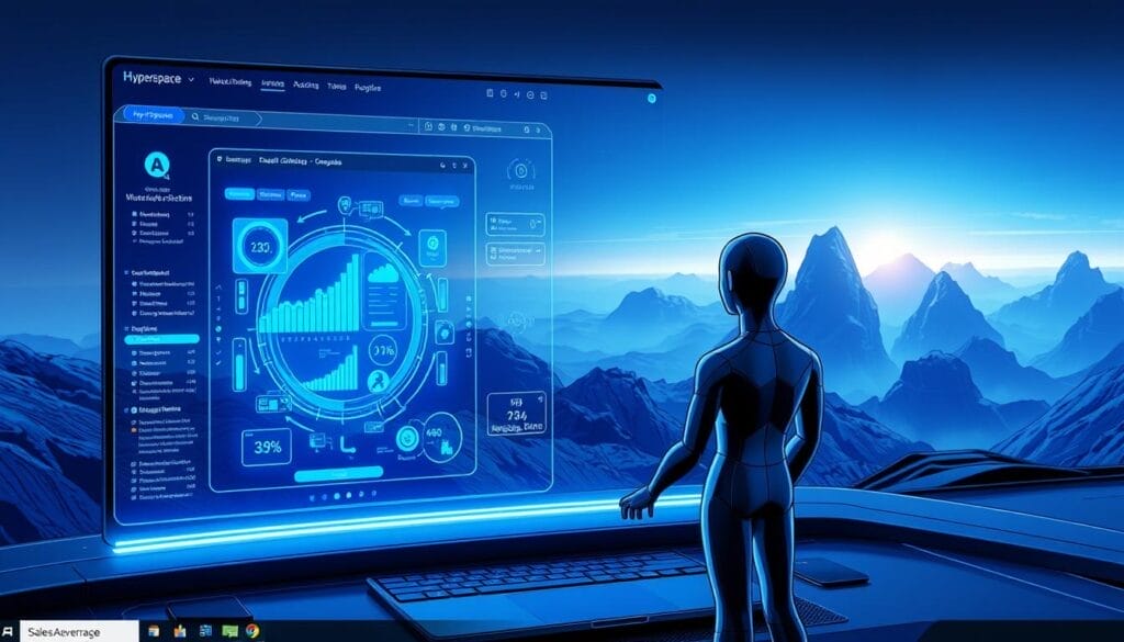 A sleek, futuristic desktop interface showcases the "Hyperspace" AI Sales Training Program. In the foreground, a stylized 3D model of a human figure interacts with holographic sales data visualizations, bathed in cool blue lighting. The middle ground features a clean, minimalist UI with intuitive controls and menus, while the background subtly blends technology and nature - a serene, otherworldly landscape with floating mountains and a glowing horizon. The overall mood is one of seamless integration between AI capabilities and human expertise, driving innovation in sales training and enablement.