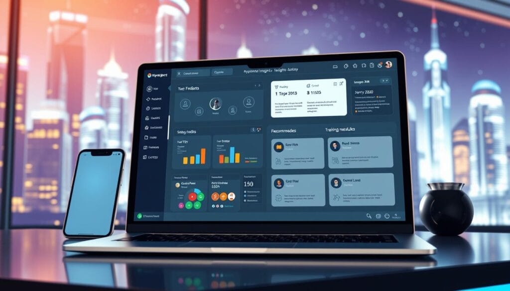 A sleek, futuristic desktop interface showcases the "Hyperspace" AI sales coaching solution. In the foreground, a laptop screen displays an intuitive dashboard with personalized insights and recommended training modules. In the middle ground, a mobile device highlights real-time coaching feedback, while the background features a stylized cityscape with gleaming skyscrapers, conveying a sense of technological innovation and progress. The overall scene is bathed in a warm, ambient lighting, creating a professional and forward-thinking atmosphere.