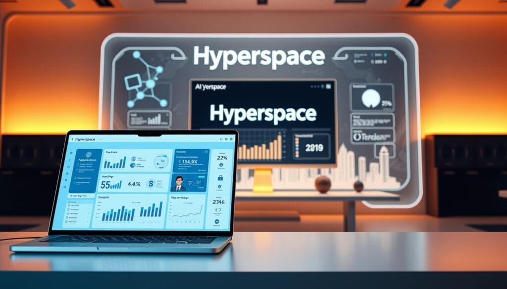 A sleek, futuristic desktop interface showcases the Hyperspace AI sales training platform. In the foreground, a stylized 3D model of a laptop or mobile device displays an interactive dashboard, data visualizations, and video tutorials. The middle ground features a clean, minimalist workspace with a large monitor displaying sales performance metrics and AI-powered insights. In the background, a seamless, holographic rendering of the Hyperspace brand creates an immersive, technology-forward atmosphere. Warm, diffused lighting casts a subtle glow, emphasizing the cutting-edge, professional nature of the AI-driven sales training experience.