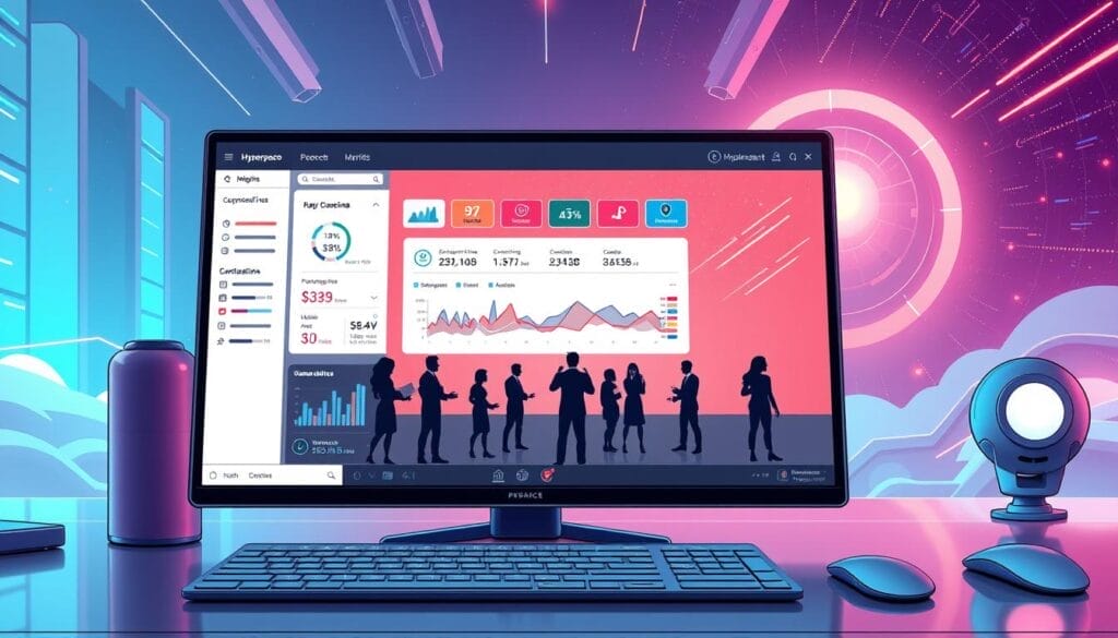 A sleek, futuristic desktop interface showcases the "Hyperspace" sales coaching implementation process. In the foreground, a minimalist dashboard displays key metrics and customizable coaching tools. The middle ground features a team of virtual sales representatives engaged in interactive coaching sessions, their movements captured by high-definition cameras. In the background, a seamless collaboration between AI-powered analytics and human expertise creates a streamlined, efficient sales coaching experience. Vibrant colors, clean lines, and a sense of technological sophistication permeate the scene, reflecting the innovative nature of the "Hyperspace" virtual sales coaching solution.