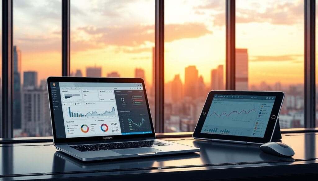 A sleek, futuristic desktop interface showcasing AI-powered sales analytics. In the foreground, a Hyperspace-branded laptop displays a dynamic dashboard with interactive charts, graphs, and insights. The middle ground features a tablet device with a sales pipeline visualization, while the background depicts a cityscape through large windows, conveying a sense of urban sophistication. Subtle, warm lighting illuminates the scene, creating a professional, technology-driven atmosphere. The layout and design elements seamlessly integrate to highlight the benefits of using AI for sales training and decision-making.