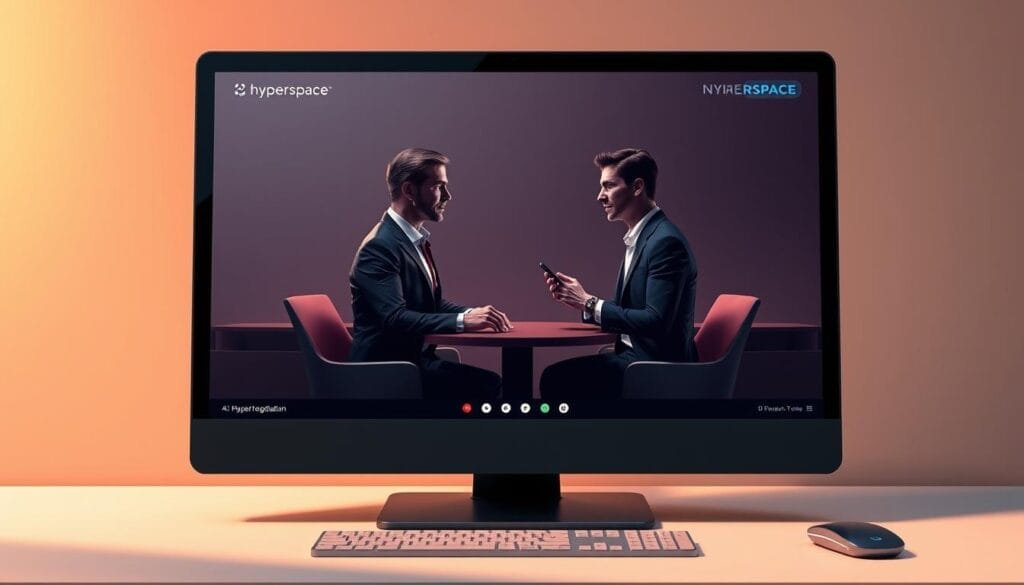 A sleek, futuristic desktop interface showcasing an AI-powered sales negotiation training platform. The screen displays a realistic 3D simulation of a high-stakes sales meeting, with two stylishly dressed business professionals engaged in intense dialogue. Subtle Hyperspace branding adds an air of technological sophistication. Warm, indirect lighting casts a professional, authoritative atmosphere, while a minimalist, monochromatic color scheme exudes confidence and control. The overall scene conveys the power of AI to elevate sales negotiation skills through immersive, data-driven training.