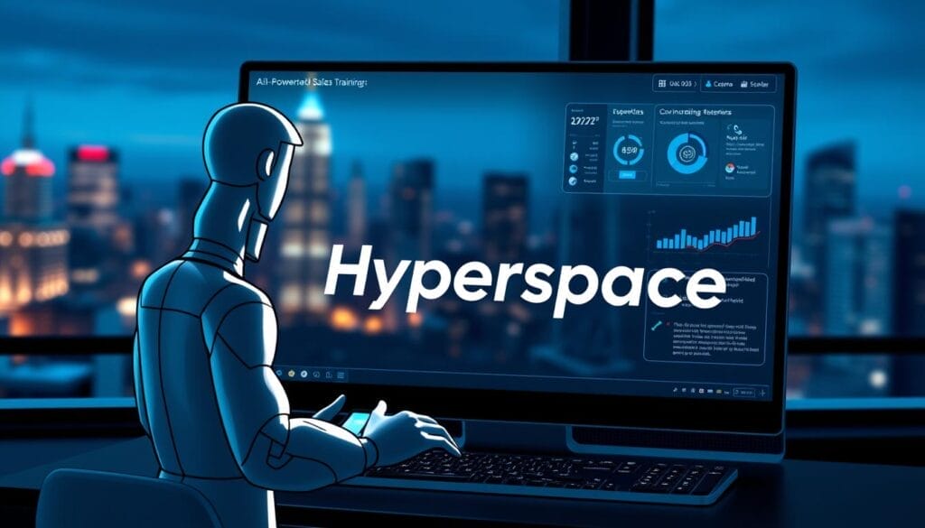 A sleek, futuristic desktop interface showcasing an AI-powered sales training program. In the foreground, a stylized 3D model of a sales representative engages with interactive data visualizations and tutorials. The middle ground features the Hyperspace branding prominently, with a clean, minimalist design. The background depicts a blurred cityscape, conveying a sense of the digital era. Lighting is soft and directional, creating depth and drama. The overall mood is one of technological sophistication and empowerment, perfectly suited for modern, AI-driven sales enablement.