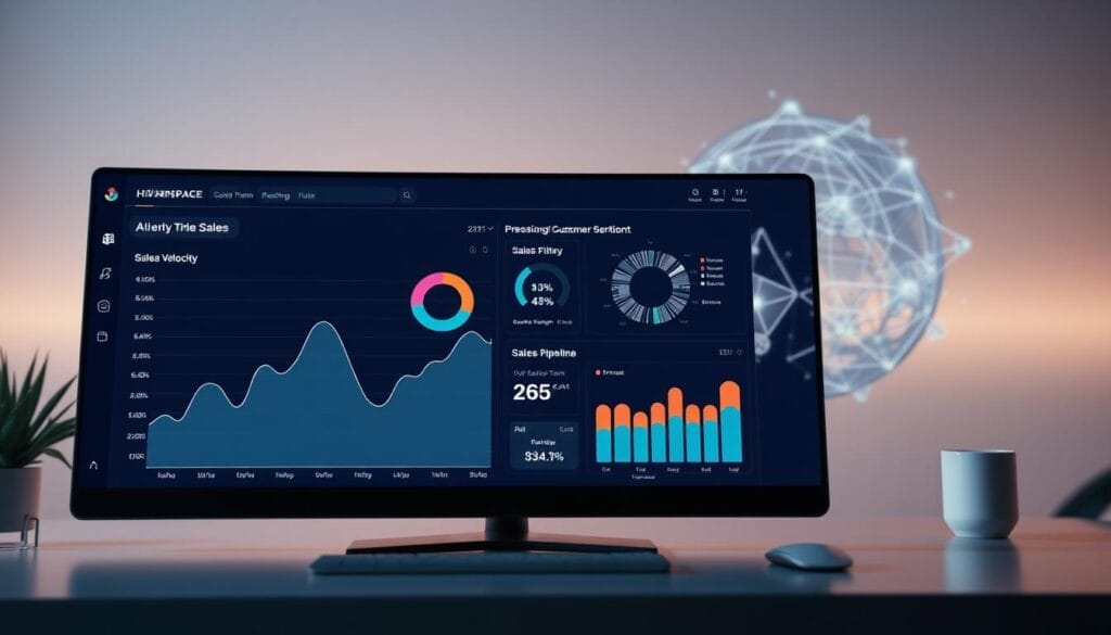 A sleek, futuristic desktop interface showcasing real-time sales data and feedback for the Hyperspace AI sales coaching platform. The display features a clean, minimalist design with crisp, high-resolution graphs and charts tracking key performance metrics. The foreground displays a line graph charting sales velocity, while the middle ground features a pie chart breaking down customer sentiment and a scatter plot mapping sales pipeline stages. The background depicts a sophisticated, holographic-style visualization of the sales team's activities and progress. Soft, ambient lighting creates a professional, forward-thinking atmosphere. The overall scene conveys a sense of data-driven sales optimization and AI-powered sales coaching for the future.