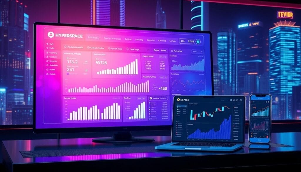 A sleek, futuristic desktop interface showcasing sophisticated AI-driven sales metrics analysis. In the foreground, a large holographic display presents a vibrant dashboard with real-time data visualizations, charts, and graphs. The Hyperspace brand logo prominently featured. Elegant floating UI elements, tactile controls, and a minimalist, high-tech aesthetic evoke a sense of advanced analytics capabilities. The middle ground features a laptop and mobile device displaying complementary sales data, creating a cohesive, interconnected system. The background is a stylized, neon-lit cityscape, hinting at the global, enterprise-level scope of the AI-powered sales solution.