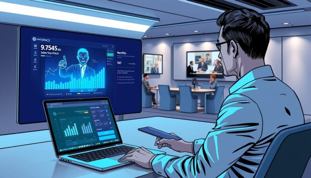 A sleek, futuristic desktop interface showcasing the Hyperspace AI sales training platform. In the foreground, a salesperson interacts with a lifelike holographic projection, practicing their pitch. The middle ground features a laptop displaying detailed sales analytics and performance metrics. In the background, a wall-mounted display shows a virtual classroom, where other sales representatives engage in interactive lessons. Crisp lighting, minimalist design, and a sense of technological sophistication evoke the benefits of AI-powered sales training.