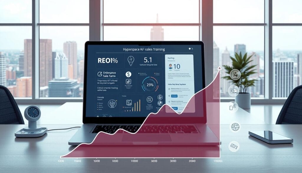 A sleek, futuristic desktop interface showcasing the Hyperspace AI sales training software. In the foreground, a stylized graph visualizes the ROI of the AI-driven training program, with elegant data visualizations and infographics. The middle ground features a laptop screen displaying the Hyperspace platform, surrounded by productivity-focused icons and tools. The background sets the scene with a clean, minimalist office environment, with large windows overlooking a vibrant cityscape. The overall mood is one of technological sophistication, data-driven efficiency, and the promise of empowered sales teams.