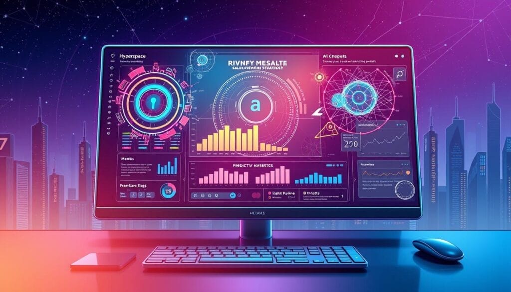 A sleek, futuristic desktop interface showcasing the "Hyperspace" brand, with a central display highlighting AI-driven sales growth strategies. In the foreground, vibrant holographic visualizations depict sales pipeline metrics, customer insights, and predictive analytics. The middle ground features a clean, minimalist UI with intuitive controls, while the background subtly incorporates stylized city skylines and data networks, creating an atmosphere of technological innovation and business success.