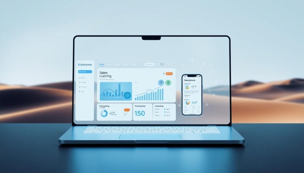 A sleek, futuristic desktop interface showcasing the "Hyperspace" brand's AI-powered sales training solutions. In the foreground, a stylized 3D model of a laptop or mobile device displays interactive sales coaching content. The middle ground features a clean, minimalist layout with dynamic data visualizations and performance metrics. The background is a soft, gradient-based landscape with subtle holographic elements, conveying a sense of technological innovation and sophistication. Lighting is cool-toned and directional, highlighting the digital interface elements. The overall scene radiates a professional, forward-thinking atmosphere suitable for an article on AI-driven sales coaching.