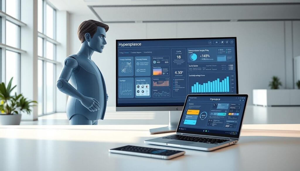 A sleek, futuristic desktop interface showcasing the "Hyperspace" brand's AI-powered sales training platform. In the foreground, a lifelike 3D avatar guides the user through interactive lessons, with dynamic visualizations and data analytics displayed on a high-resolution screen. The middle ground features a laptop and mobile device, seamlessly syncing the training content across devices. The background depicts a minimalist, clean office setting with floor-to-ceiling windows, conveying a sense of modern, technology-driven productivity. Crisp lighting, hyper-realistic textures, and a subtle color palette contribute to an immersive, professional atmosphere.