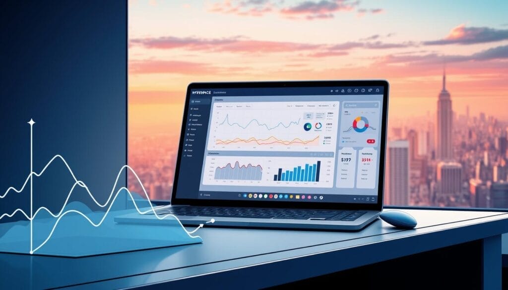 A sleek, futuristic desktop interface showcasing the Hyperspace sales forecasting AI dashboard. In the foreground, a stylized graph and data visualizations project insightful sales trends, rendered in a clean, minimalist aesthetic. The middle ground features a laptop screen displaying detailed sales pipeline analytics, while the background depicts a panoramic cityscape, hinting at the AI's ability to drive real-world business impact. Soft, directional lighting and a sense of depth create a sophisticated, technology-driven atmosphere.