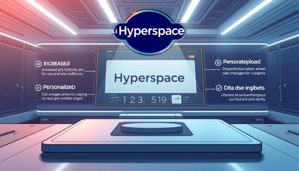 A sleek, futuristic desktop interface showcasing the core benefits of AI-powered sales training. In the foreground, a stylized Hyperspace logo hovers above a minimalist display highlighting key advantages - increased productivity, personalized coaching, and data-driven insights. The middle ground features a sales dashboard with interactive visualizations, while the background evokes a high-tech workspace with clean lines, subtle lighting, and a sense of technological sophistication. The overall mood is one of efficiency, innovation, and the transformative power of AI-augmented sales enablement.