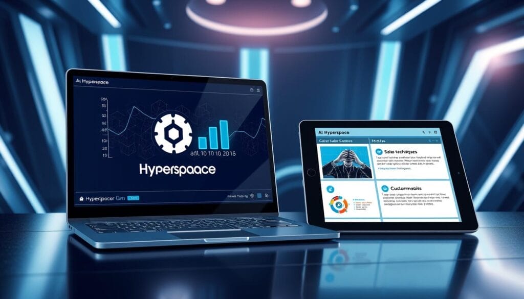 A sleek, futuristic desktop interface showcasing the core components of an AI-powered sales training platform. In the foreground, a laptop screen displays a Hyperspace logo and a stylized data visualization, conveying the analytical capabilities of the system. In the middle ground, a tablet device presents interactive modules on sales techniques and customer engagement. The background features a sophisticated lighting setup, with cool-toned hues and subtle reflections, evoking a professional, high-tech atmosphere. The overall impression is one of a cutting-edge, seamlessly integrated AI sales training solution.