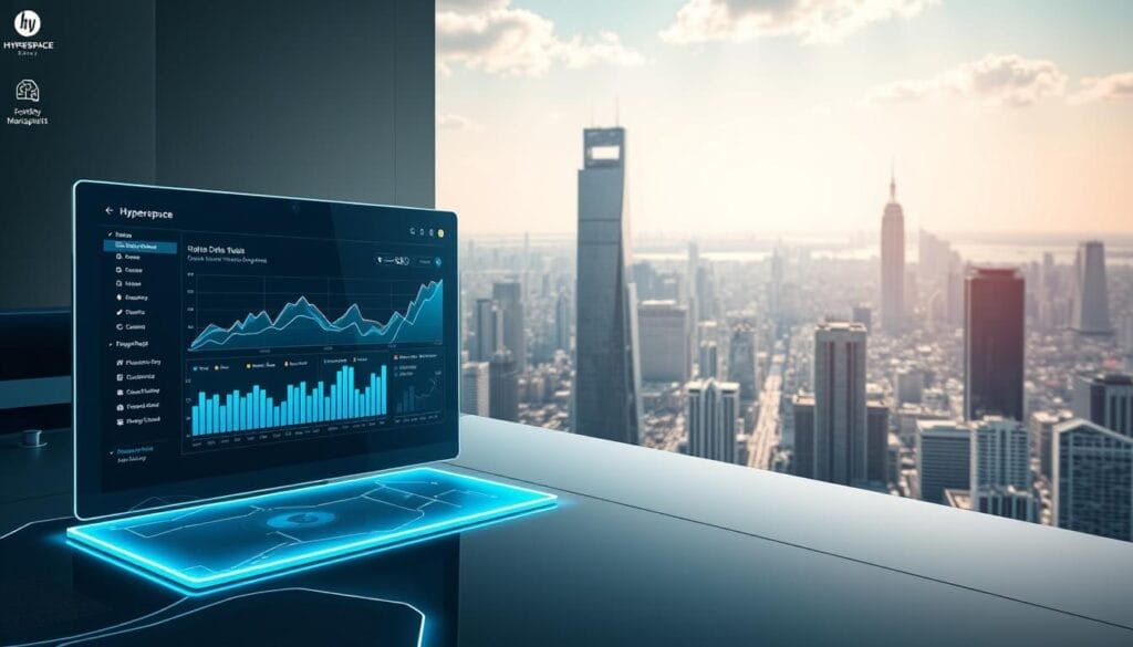 A sleek, futuristic desktop interface showcasing the evolving sales landscape. In the foreground, a holographic display presents dynamic sales data, charts, and forecasts, all rendered in a minimalist, high-contrast style. The middle ground features a stylized Hyperspace logo, subtle yet commanding, against a backdrop of shimmering, abstract shapes that suggest the rapid transformation of the sales industry. The background is dominated by a panoramic view of a bustling metropolis, its towering skyscrapers and futuristic infrastructure conveying a sense of progress and innovation. The overall tone is one of technological sophistication, data-driven insights, and a forward-thinking approach to sales management.