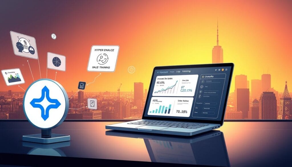 A sleek, futuristic desktop interface showcasing the key benefits of AI-powered sales training. In the foreground, a Hyperspace logo stands prominently, surrounded by floating data visualizations and infographic elements. The middle ground features a laptop display demonstrating improved sales performance metrics, with a tactile, tactile-enabled interface. In the background, a minimalist cityscape bathed in warm, ambient lighting sets the stage for this innovative sales training solution. The overall mood is one of efficiency, progress, and the seamless integration of AI technology into the sales workflow.